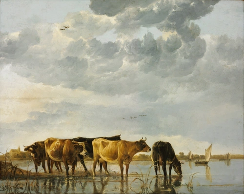 коровы, водопой, животные, вода, облака, белые, коричневые, картина, живопись