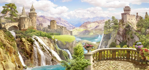 балкон, замок, река, небо, горы, долина, бежевые, голубые, зелёные